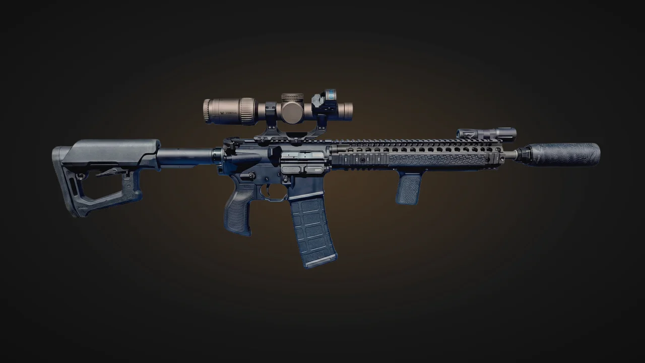A Hearth to Forge AR-15 rifle with optic and suppressor, finished in dark Cerakote